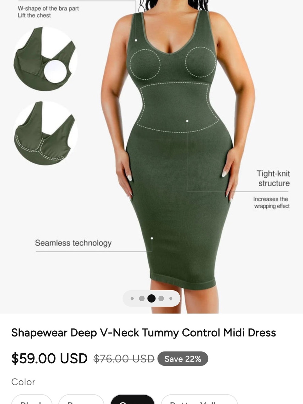 Popilush Shapewear Deep V-Neck Tummy Control Midi Dress in Green